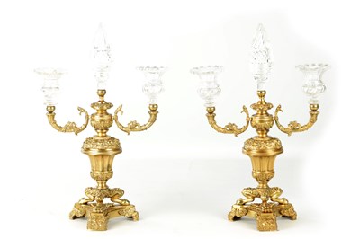 Lot 776 - A PAIR OF LATE 19TH CENTURY REGENCY STYLE FRENCH ORMOLU AND CUT GLASS CANDELABRA