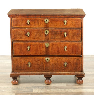 Lot 1355 - A WILLIAM AND MARY WALNUT CHEST OF DRAWERS WITH GEOMETRIC INLAID TOP