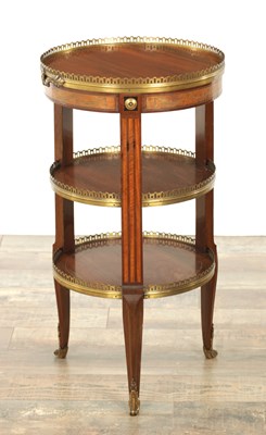 Lot 1302 - A LATE 19TH CENTURY FRENCH KINGWOOD AND SATINWOOD INLAID THREE TIER OCCASIONAL TABLE