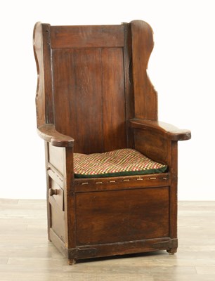 Lot 1341 - A MID 18TH CENTURY FRUITWOOD AND PINE LAMBING CHAIR
