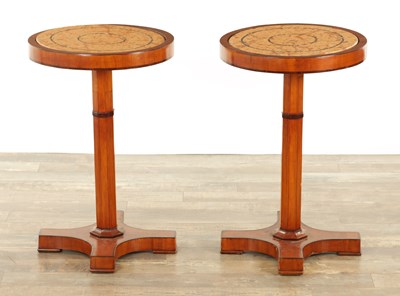 Lot 1230 - A PAIR OF REGENCY SATINWOOD AND ROSEWOOD OCCASIONAL TABLES WITH INSET SCAGLIOLA MARBLE TOPS