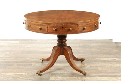 Lot 1211 - A REGENCY FIGURED MAHOGANY DRUM TABLE