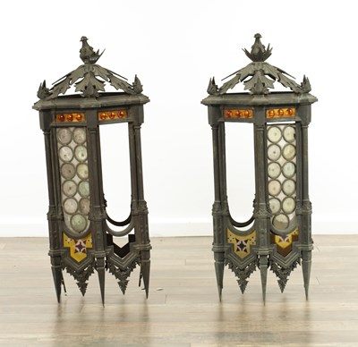 Lot 642 - A PAIR OF LATE 19TH CENTURY BRONZE GOTHIC STYLE HANGING LANTERNS