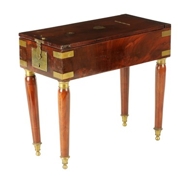 Lot 1382 - AN EARLY 19TH CENTURY MAHOGANY BRASS BOUND NAPOLEONIC CAMPAIGN BIDET WASH STAND