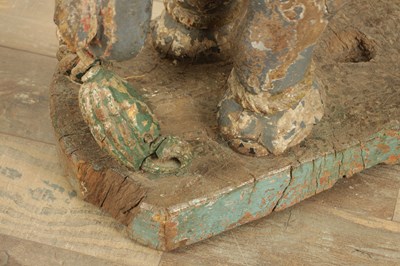 Lot 222 - A LARGE PAIR OF 19TH CENTURY INDIAN CARVED POLYCHROME PAINTED SCULPTURES OF ELEPHANTS