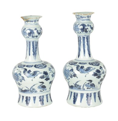 Lot 109 - A PAIR OF LATE 17TH CENTURY BLUE AND WHITE DELFT VASES