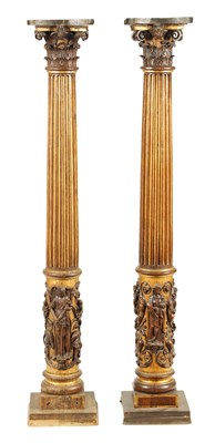 Lot 1238 - A PAIR OF 19TH CENTURY OAK AND GILT HIGH-LIGHTED CARVED CORINTHIAN COLUMNS