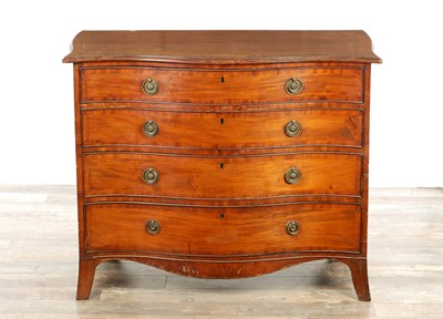 Lot 1405 - A GOOD HEPPLEWHITE DESIGN GEORGE III SERPENTINE FIGURED MAHOGANY CHEST OF DRAWERS