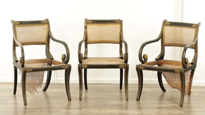 Lot 1219 - A RARE SET OF THREE REGENCY PAINTED BERGERE LIBRARY CHAIRS BY JOHN GEE