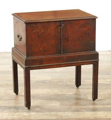 Lot 1366 - A GEORGE III MAHOGANY CELLARETTE ON STAND