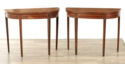 Lot 1286 - A PAIR OF GEORGE III MAHOGANY AND DEMI LUNE CARD TABLES