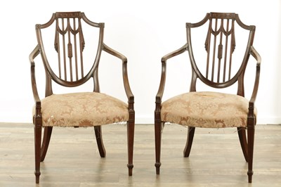 Lot 1273 - A PAIR OF GEORGE III MAHOGANY SHERATON ARMCHAIRS
