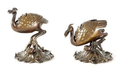 Lot 161 - A PAIR OF MEIJI PERIOD JAPANESE BRONZE AND MIXED METAL CENSERS