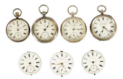 Lot 367 - A COLLECTION OF FOUR SILVER CASED POCKET WATCHES AND THREE MOVEMENTS