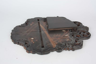 Lot 162 - A LATE 19TH CENTURY ORIENTAL EBONISED, BONE INLAID AND LACQUERWORK HANGING CORNER SHELVES