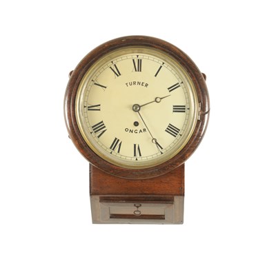 Lot 1200 - TURNER, ONGAR. A 19TH CENTURY WALNUT CASED 8” FUSEE DROP DIAL WALL CLOCK