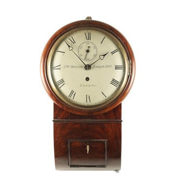 Lot 1095 - J.W.BENSON, LUDGATE HILL, LONDON. AN EARLY 19TH CENTURY AND LATER 8” MAHOGANY DROP DIAL FUSEE WALL CLOCK
