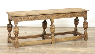 Lot 1227 - A 17TH CENTURY STYLE OAK LONG JOINT STOOL