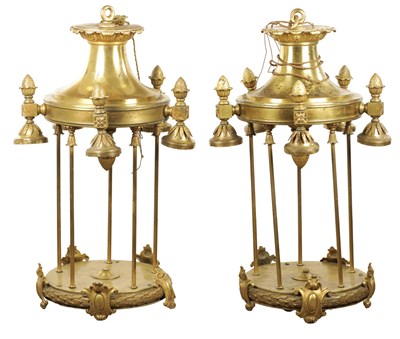 Lot 841 - A LARGE PAIR OF EDWARDIAN GILT BRASS HANGING LANTERNS