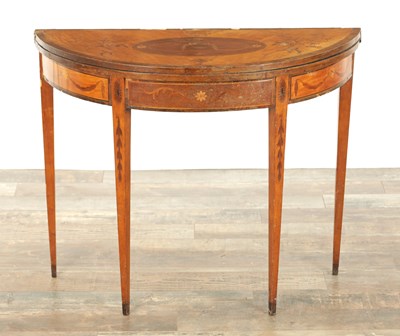 Lot 1410 - A GEORGE III SATINWOOD AND MARQUETRY INLAID DEMI LUNE CARD TABLE