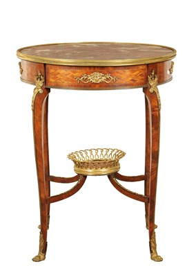 Lot 1283 - A FINE 19TH CENTURY LOUIS XVI STYLE FRENCH TULIP AND KINGWOOD MARBLE TOPPED CENTRE TABLE