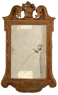 Lot 1359 - A GEORGE II WALNUT AND PARCEL GILT HANGING MIRROR