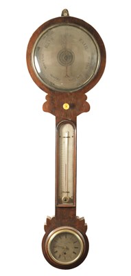Lot 1182 - A FIGURED MAHOGANY CLOCK BAROMETER SIGNED NEGRETTI & ZAMBRA