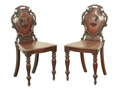 Lot 1368 - A PAIR OF 19TH CENTURY MAHOGANY HALL CHAIRS