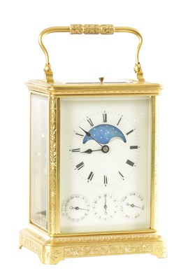 Lot 1040 - J. DEJARDIN. A 19TH CENTURY FRENCH GILT BRASS ENGRAVED REPEATING CARRIAGE CLOCK WITH CALENDAR AND MOONPHASE