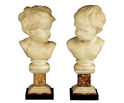 Lot 758 - A PAIR OF GEORGE III CARVED WHITE MARBLE BUSTS OF PUTTI
