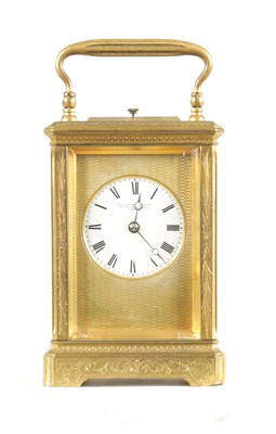 Lot 1170 - A 19TH CENTURY FRENCH ENGRAVED REPEATING CARRIAGE CLOCK
