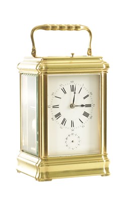 Lot 1141 - A 19TH CENTURY FRENCH BRASS GORGE CASE STRIKING AND REPEATING CARRIAGE CLOCK WITH ALARM