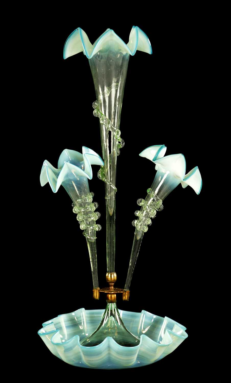 Lot 38 - A 19TH CENTURY VENETIAN BLUE AND GREEN THREE GLASS TRUMPET EPERGNE