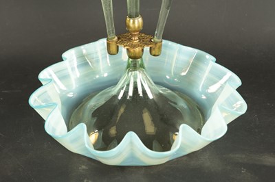 Lot 38 - A 19TH CENTURY VENETIAN BLUE AND GREEN THREE GLASS TRUMPET EPERGNE