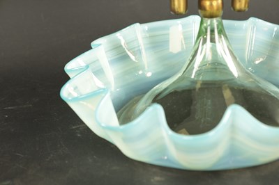 Lot 38 - A 19TH CENTURY VENETIAN BLUE AND GREEN THREE GLASS TRUMPET EPERGNE