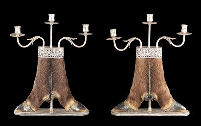 Lot 600 - A PAIR OF 20TH CENTURY ROWLAND WARD-TYPE SILVER METAL MOUNTED THREE BRANCH CANDLESTICKS