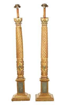 Lot 1241 - A PAIR OF EARLY 19TH CENTURY OAK POLYCHROME AND GILT HIGH-LIGHTED CARVED CORINTHIAN COLUMNS