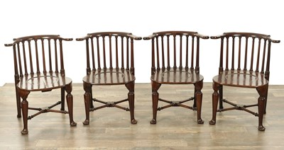 Lot 1266 - A FINE SET OF FOUR 19TH CENTURY MAHOGANY SMOKERS BOW ARMCHAIRS