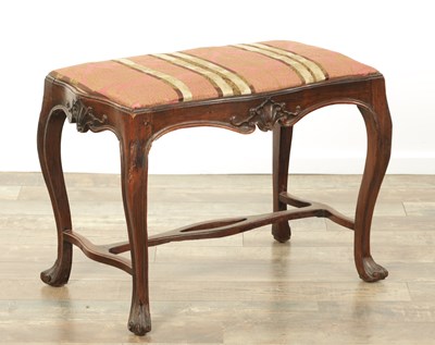 Lot 1224 - AN 18TH CENTURY ROSEWOOD ANGLO PORTUGUESE SERPENTINE SHAPED UPHOLSTERED STOOL