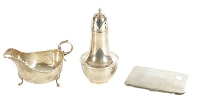 Lot 432 - A SILVER SAUCEBOAT, CASTOR AND CIGARETTE CASE