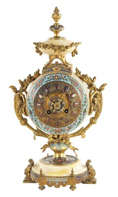 Lot 1042 - A 19TH CENTURY FRENCH ONYX AND CHAMPLEVE ENAMEL EIGHT-DAY MANTEL CLOCK