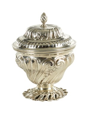 Lot 480 - A GEORGE III ROCOCO STYLE SILVER SUGAR BOWL AND COVER