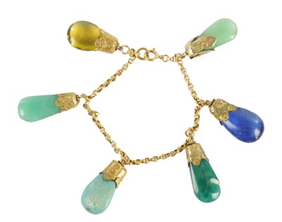Lot 563 - A LATE 19TH CENTURY GOLD METAL BRACELET WITH HARD STONE DROPS