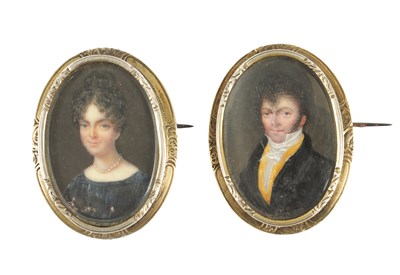 Lot 333 - A PAIR OF GEORGE III MINIATURE HAND PAINTED ON IVORY PORTRAITS OF A LADY AND GENTLEMAN
