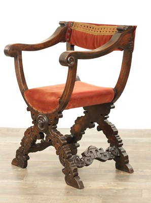 Lot 1333 - A 17TH CENTURY ITALIAN WALNUT X FRAMED THROWN CHAIR