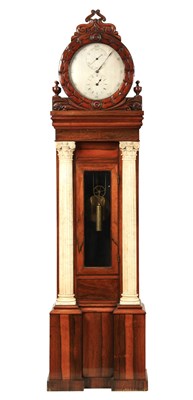 Lot 1064 - A RARE AND UNUSUAL LATE REGENCY ARCHITECTURAL ROSEWOOD AND CARRARA MARBLE REGULATOR LONGCASE CLOCK