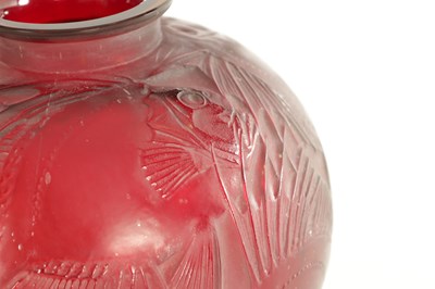 Lot 35 - A RENE LALIQUE CASE CHERRY RED AND AMBER GLASS 'POISSONS' GLOBULAR VASE