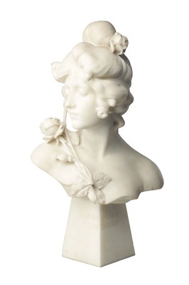 Lot 608 - SAUL FANFANI (1856 - 1919) AN ART NOUVEAU CARVED CARRARA MARBLE BUST ENTITLED “PAS DE ROSES SANS EPINES”