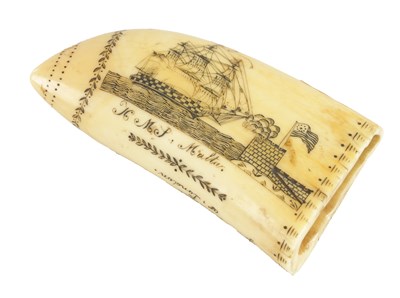 Lot 656 - AN EARLY 19TH CENTURY SAILOR'S WHALE TOOTH SCRIMSHAW