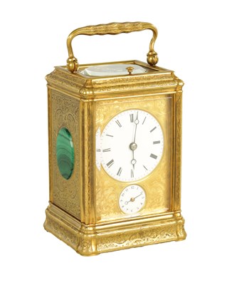 Lot 1189 - A LATE 19TH CENTURY FRENCH ENGRAVED GORGE CASED REPEATING CARRIAGE CLOCK